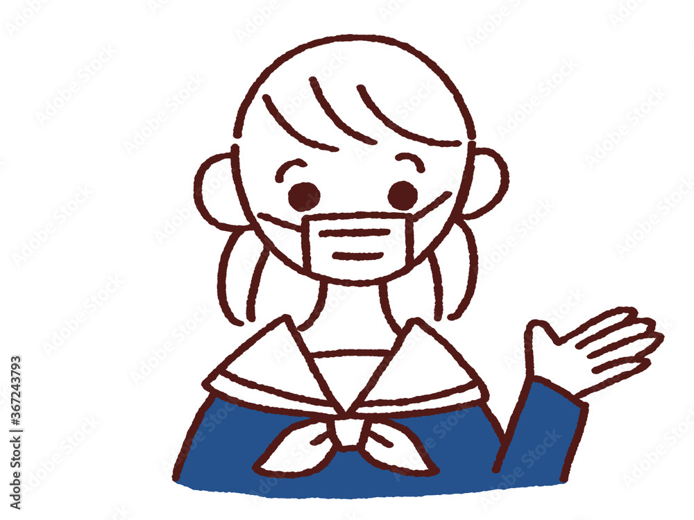右手を上げて案内する女の子 マスク着用 右手を上げて案内する女の子 マスク着用