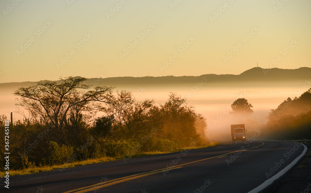 Dawn with fog on a federal highway in southern Brazil