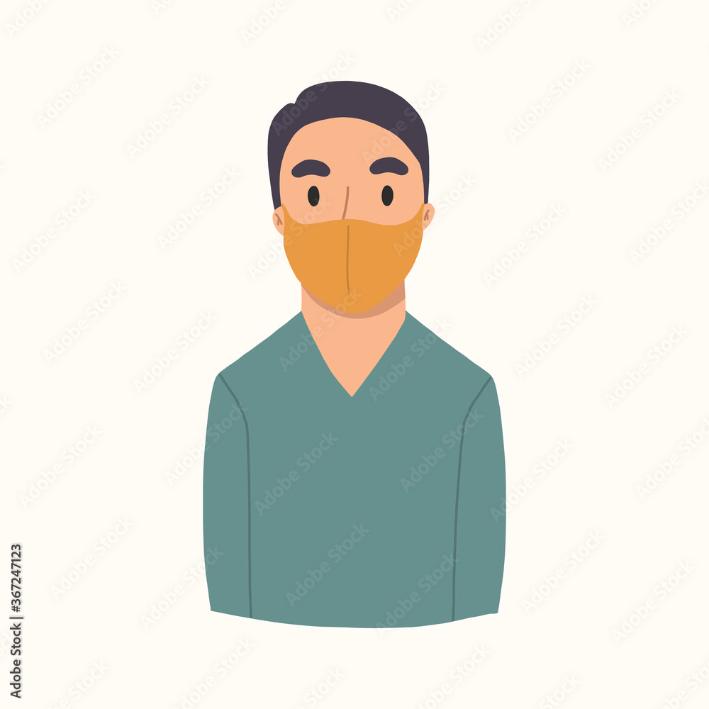 Yong man in face mask to prevent virus. Black hair and blue blouse.Vector hand drawn illustration.