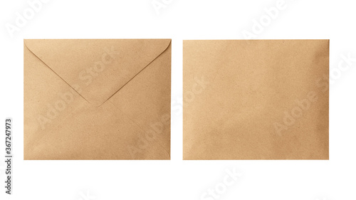 Brown envelope front and back isolated on white background. Letter top view. Object with clipping path