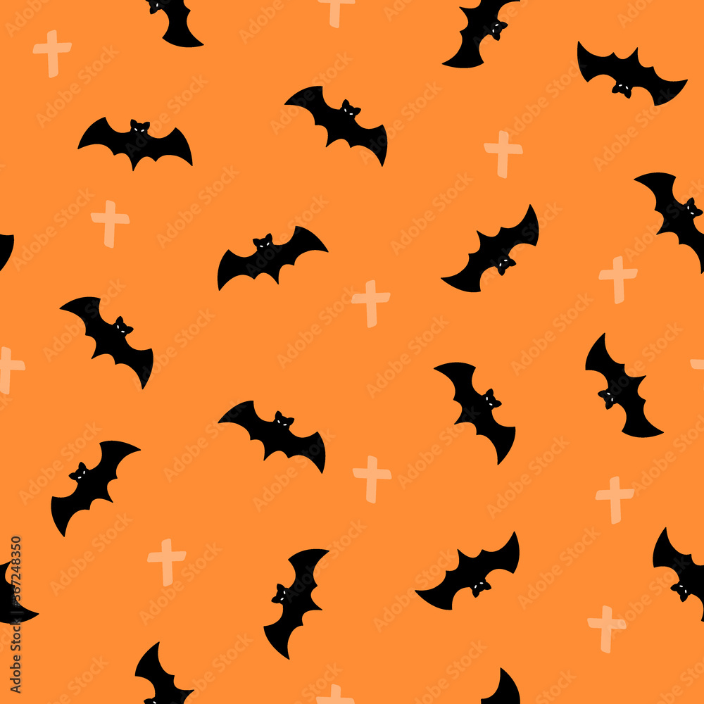 Seamless pattern with halloween bat on orange background. For wrapping paper, invitations, web design. Vector illustration in flat style.