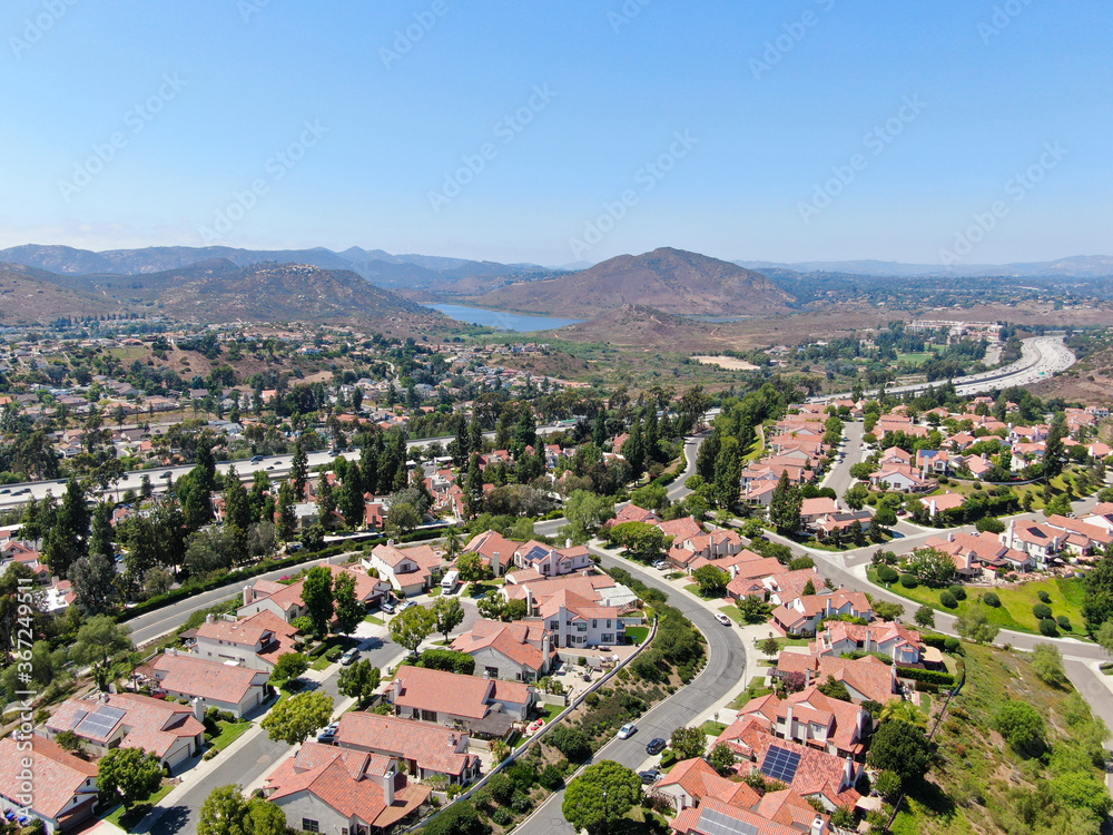 Aerial view of residential neighborhood in green valley, Rancho Bernardo, San Diego County, California. USA. 
