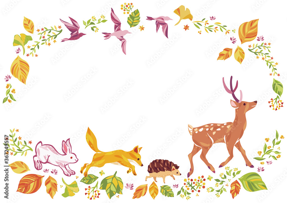 Obraz Ilustracja rama jesiennych liści, opadłych liści i zwierząt