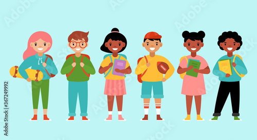 Back to school concept with cute diversity students. Flat style cartoon vector illustration