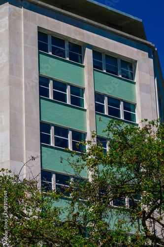 View of the facade of modern buildings in the downtown area of Lisbon, the hilly coastal capital city of Portugal and one of the oldest cities in Europe 