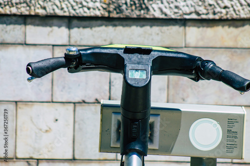 View of accessible bicycle to hire for short periods of time, usually for a few hours parked in the street and part of the public transport system of Lisbon
