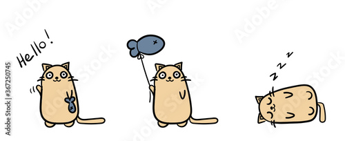 Very cute Cat saying Hello with a balloon fish, sleeps, cartoon style. Animal wildlife Kitten Flat vector illustration. Kawaii card sketch for t shirt design, School books, Greeting cards, posters