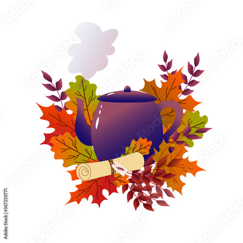 Teapot with autumn leaves. Cozy vector autumn illustration of teapot with autumn leaves. Vector illustration
