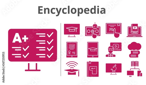 encyclopedia set. included learn, touchscreen, student-desktop, microscope, cloud library, tablet, teacher, cap, student-tablet, enter, test (2), school (2), test (1) icons. filled styles.