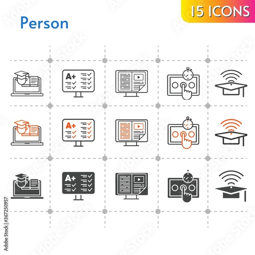 person icon set. included ebook, cap, test, training, test (2), test (1) icons on white background. linear, bicolor, filled styles.