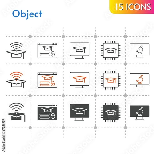 object icon set. included chip, cap, login, student-desktop, microscope icons on white background. linear, bicolor, filled styles.