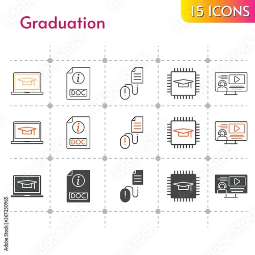 graduation icon set. included chip, student-laptop, instructor, doc, click icons on white background. linear, bicolor, filled styles.