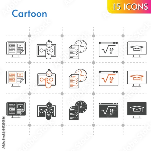 cartoon icon set. included ebook, test, maths, student-desktop icons on white background. linear, bicolor, filled styles.