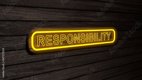 Responsibility yellow color neon fluorescent tubes signs on wooden wall. 3D rendering, illustration, poster, banner. Inscription, concept on gray wooden wall background.