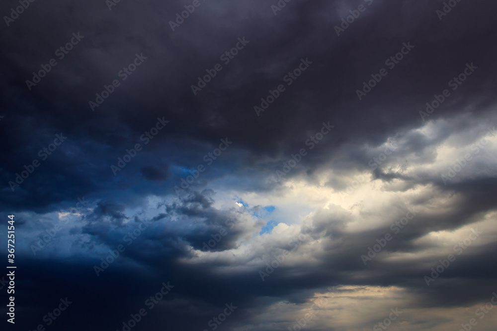 Dark storm clouds in sky before thunderstorm and rain. Dramatic sky background