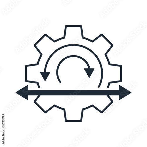 Gear and arrows divergence. Vector linear icon isolated on white background.