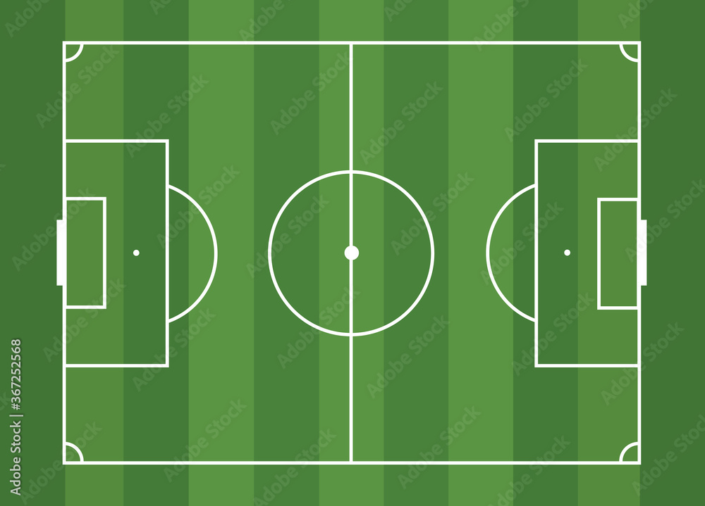 An isolated soccer field for a ball game on a striped green background. A competitive sport on the lawn. Stadium with markings. Vector stock graphics. For website and application design.