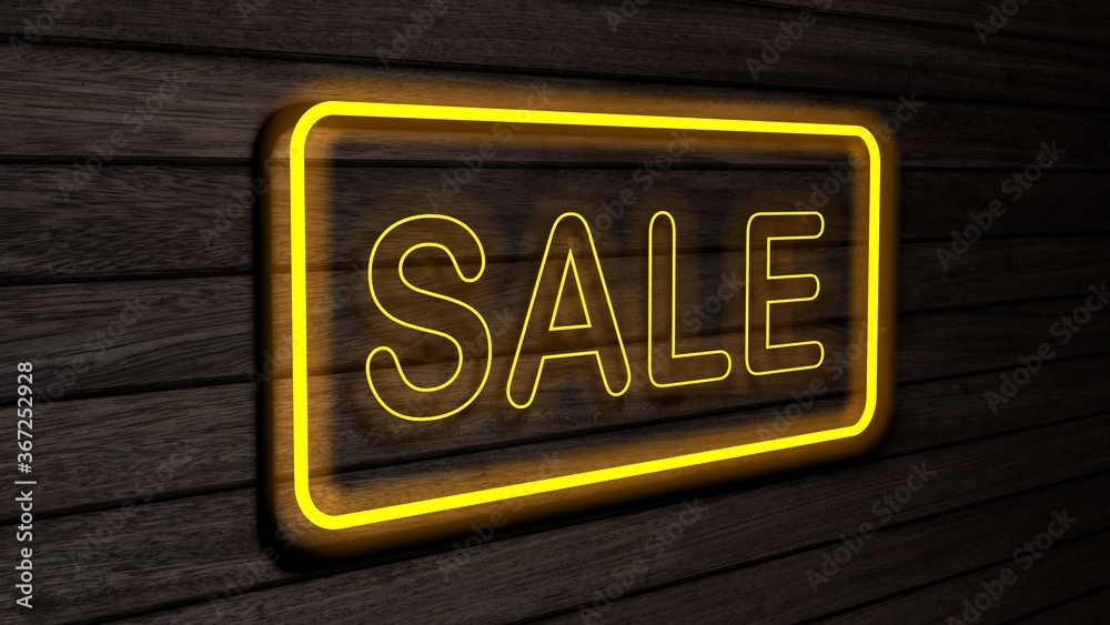 Fototapeta premium Sale yellow color neon fluorescent tubes signs on wooden wall. 3D rendering, illustration, poster, banner. Inscription, concept on gray wooden wall background.