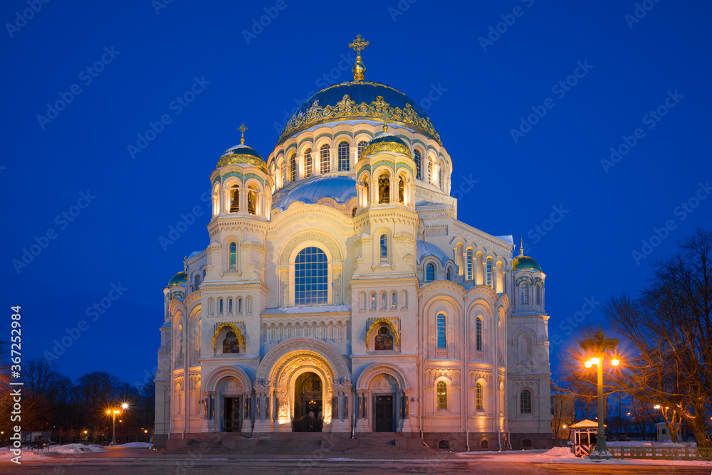 Naval Cathedral of St. Nicholas the Wonderworker closeup on a March evening. Kronstadt, Russia