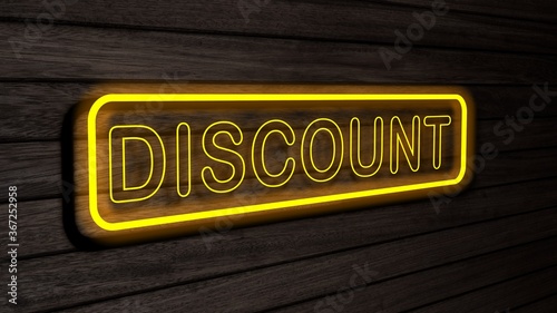 Discount yellow color neon fluorescent tubes signs on wooden wall. 3D rendering, illustration, poster, banner. Inscription, concept on gray wooden wall background.