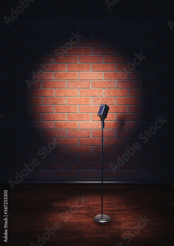 Wall Mural (3D Rendering, illustration) Vintage microphone in a stand-up comedy stage