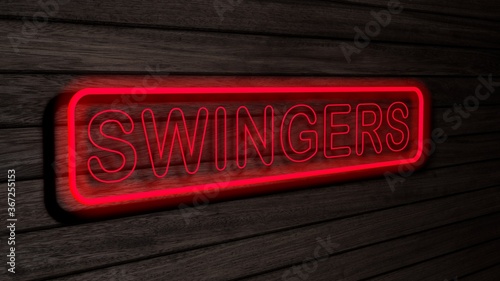 Swingers red color neon fluorescent tubes signs on wooden wall. 3D rendering, illustration, poster, banner. Inscription, concept on gray wooden wall background.