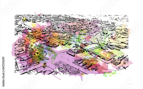 Building view with landmark of Acailandia is a Brazilian municipality in the western Maranhao State, at an elevation of 787 feet. Watercolor splash with hand drawn sketch illustration in vector. photo