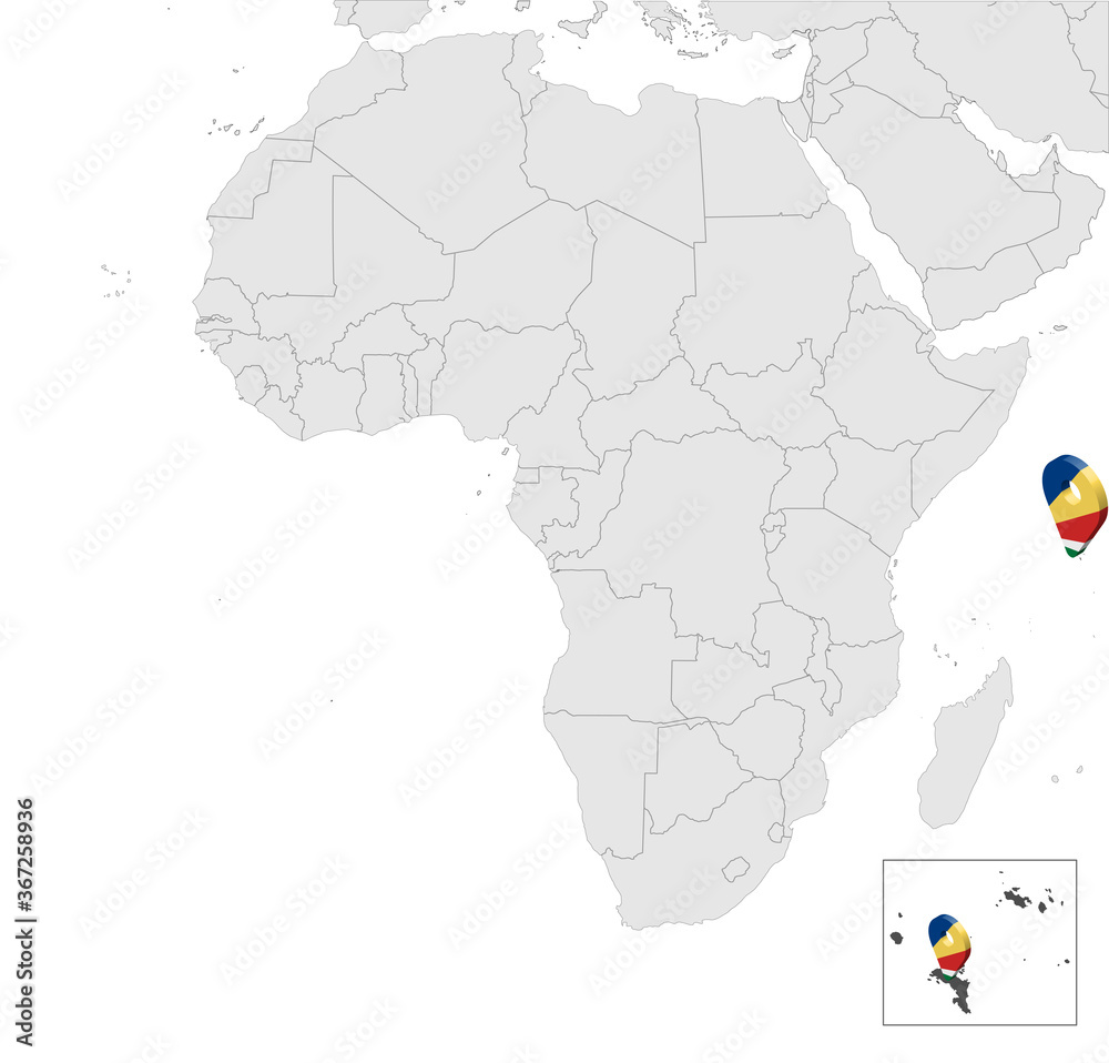Location Map of Seychelles on map Africa. 3d Republic of Seychelles flag map marker location pin. High quality map Union of the Seychelles. Africa. EPS10.