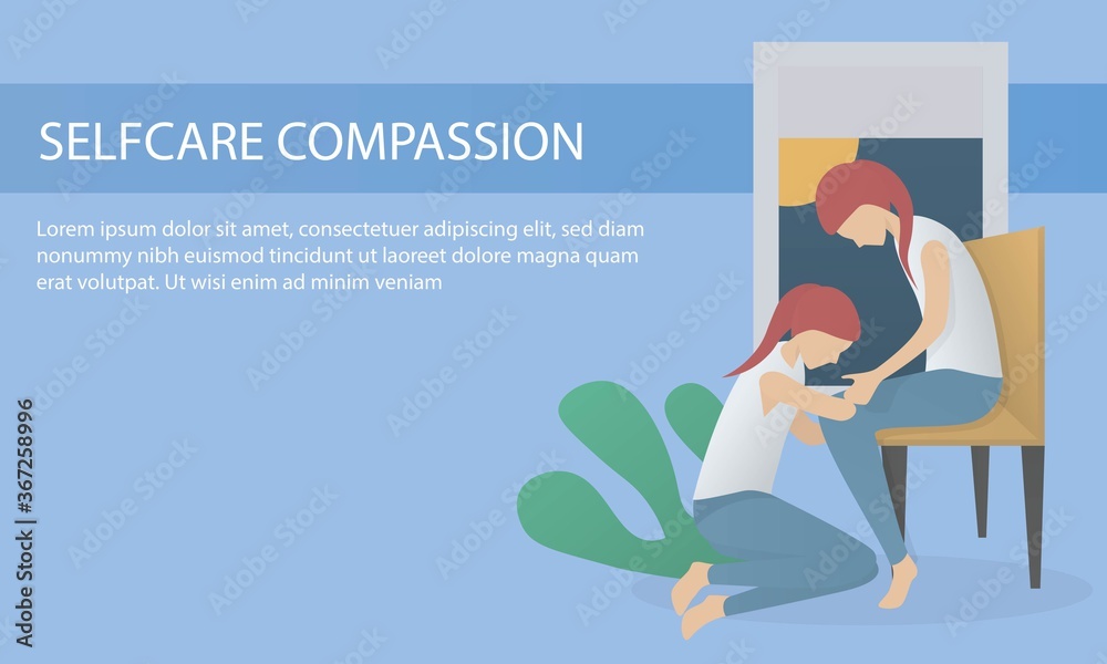 self care and self compassion concept,sad woman sitting hug yourself with love and encourage,mental health people,vector illustration.