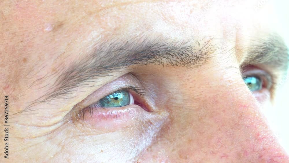 Close up of a man with blue eyes at sunset, macro opening eyes .Outdoor soft sunlight. Selective focus.