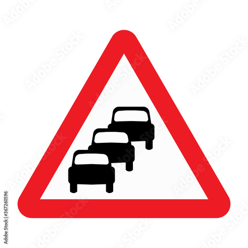 Traffic jam road sign. Traffic queues likely ahead. Congestion Likely. Vector illustration of red triangular warning traffic sign isolated on white background.