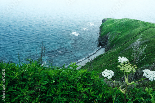 top view to the edge of a steep cliff with green grass and turquoise sea on a summer foggy day. Nature and outdoor concept.