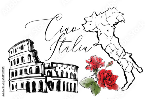 Photography Roman coliseum and Italy map with roses