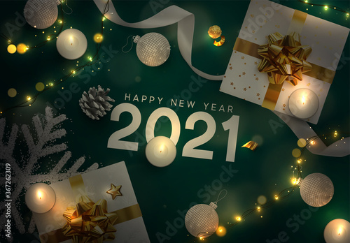 Christmas festive composition with realistic decor objects. Xmas lights garlands, gift box, decorative snowflakes strewn with glitter confetti, burning candles, bokeh lights. view from above. Vector