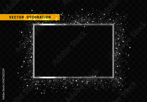 Decorative metal rectangular frame silver color, along the borders a scattering of bright sparkles, and sparkling bokeh lights. vector illustration