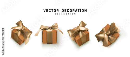 Set of gifts box. Collection realistic gift presents view top, side perspective view. Celebration decoration objects. Isolated on white background. vector illustration