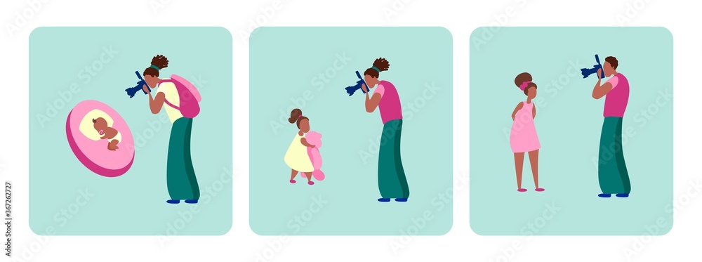 African American dad takes a picture of his daughter on camera. A man captures how his child grows, a girl with a bear and a teenager. Vector illustration, flat style isolated on white background