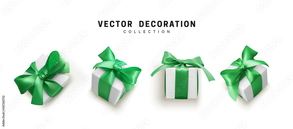 Set of gifts box. Collection realistic gift presents view top, side perspective view. Celebration decoration objects. Isolated on white background. vector illustration - obrazy, fototapety, plakaty 