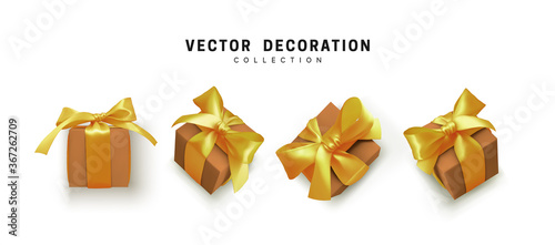 Set of gifts box. Collection realistic gift presents view top, side perspective view. Celebration decoration objects. Isolated on white background. vector illustration