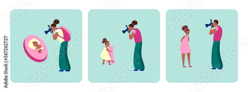 African American dad takes a picture of his daughter on camera. A man captures how his child grows  a girl with a bear and a teenager. Vector illustration  flat style isolated on white background