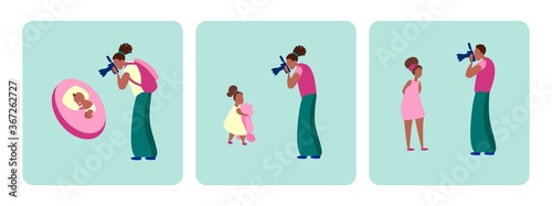 African American dad takes a picture of his daughter on camera. A man captures how his child grows, a girl with a bear and a teenager. Vector illustration, flat style isolated on white background
