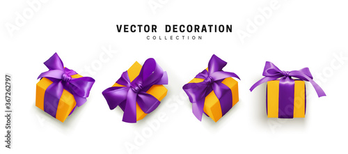 Set of gifts box. Collection realistic gift presents view top, side perspective view. Celebration decoration objects. Isolated on white background. vector illustration