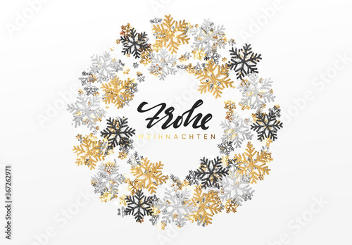 German text Frohe Weihnachten. Merry Christmas and Happy New Year. Xmas background with Shining gold Snowflakes. Greeting card, holiday banner, web poster