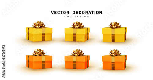 Set of gifts box yellow and orange color. Collection realistic gift presents with golden fluffy bow. Holiday 3d objects. vector illustration.