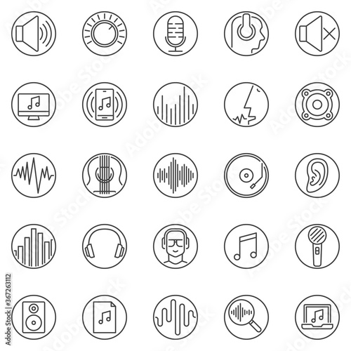 Sound outline round icons set. Vector Audio and Music symbols in thin line style