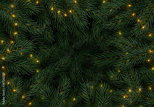 Christmas tree branches. Festive Xmas border of green branch of pine. Pattern pine branches, spruce branch. Glowing New Year golden garland, space for text. Realistic design decoration elements.