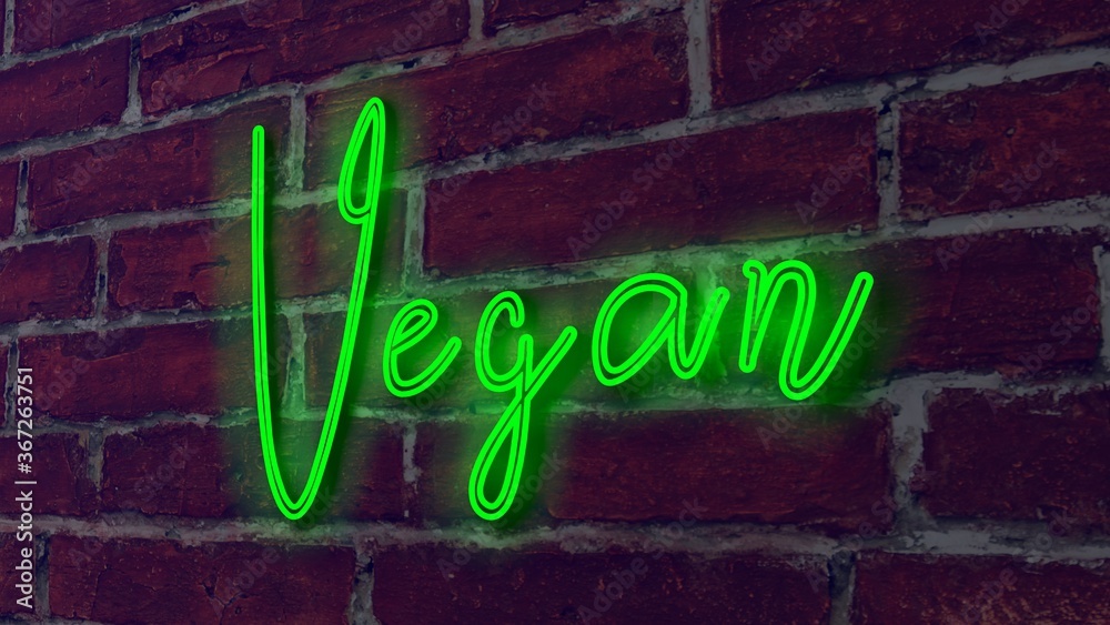 Fototapeta premium Vegan green color neon fluorescent tubes signs on a brick wall. 3D rendering, illustration, poster, banner. Inscription, concept on gray wooden wall background.