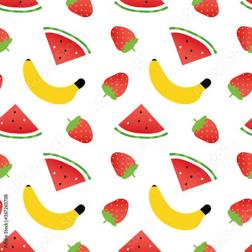 Colorful cartoon style fruits and berries seamless pattern background. Banana, strawberry, watermelon.

