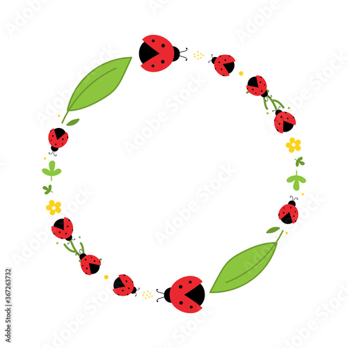 Round vector frame, card template with red ladybug beetles, leaves and flowers for spring and summer design.