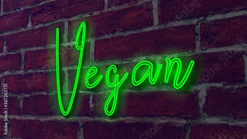 Vegan green color neon fluorescent tubes signs on a brick wall. 3D rendering, illustration, poster, banner. Inscription, concept on gray wooden wall background.